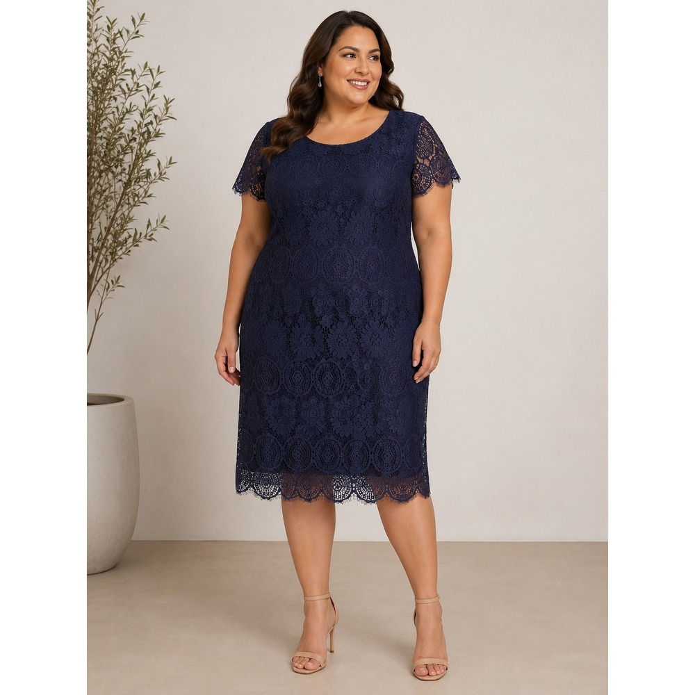 Eliza J Floral Lace Sheath Dress 20W Navy Blue Short Sleeve Knee Length NWT